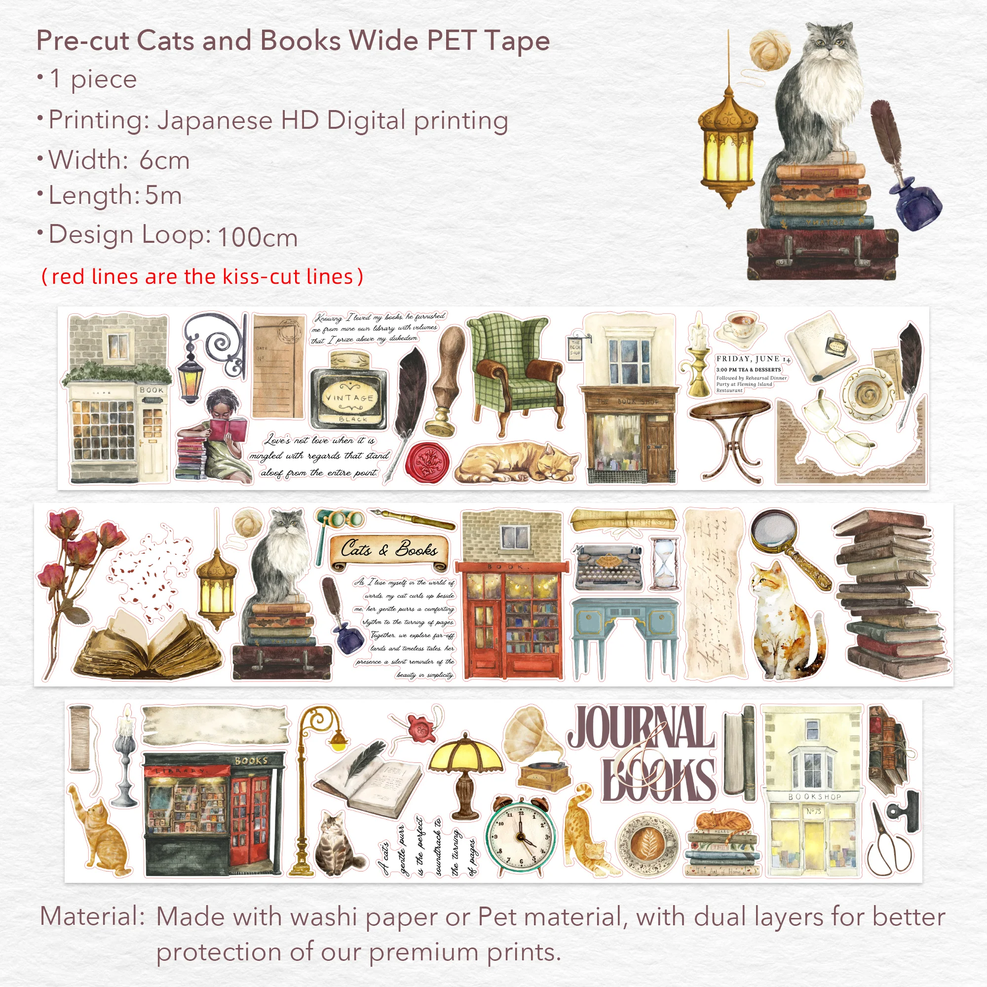 Pre-cut Cats and Books Wide Washi/PET Tape - Image 10