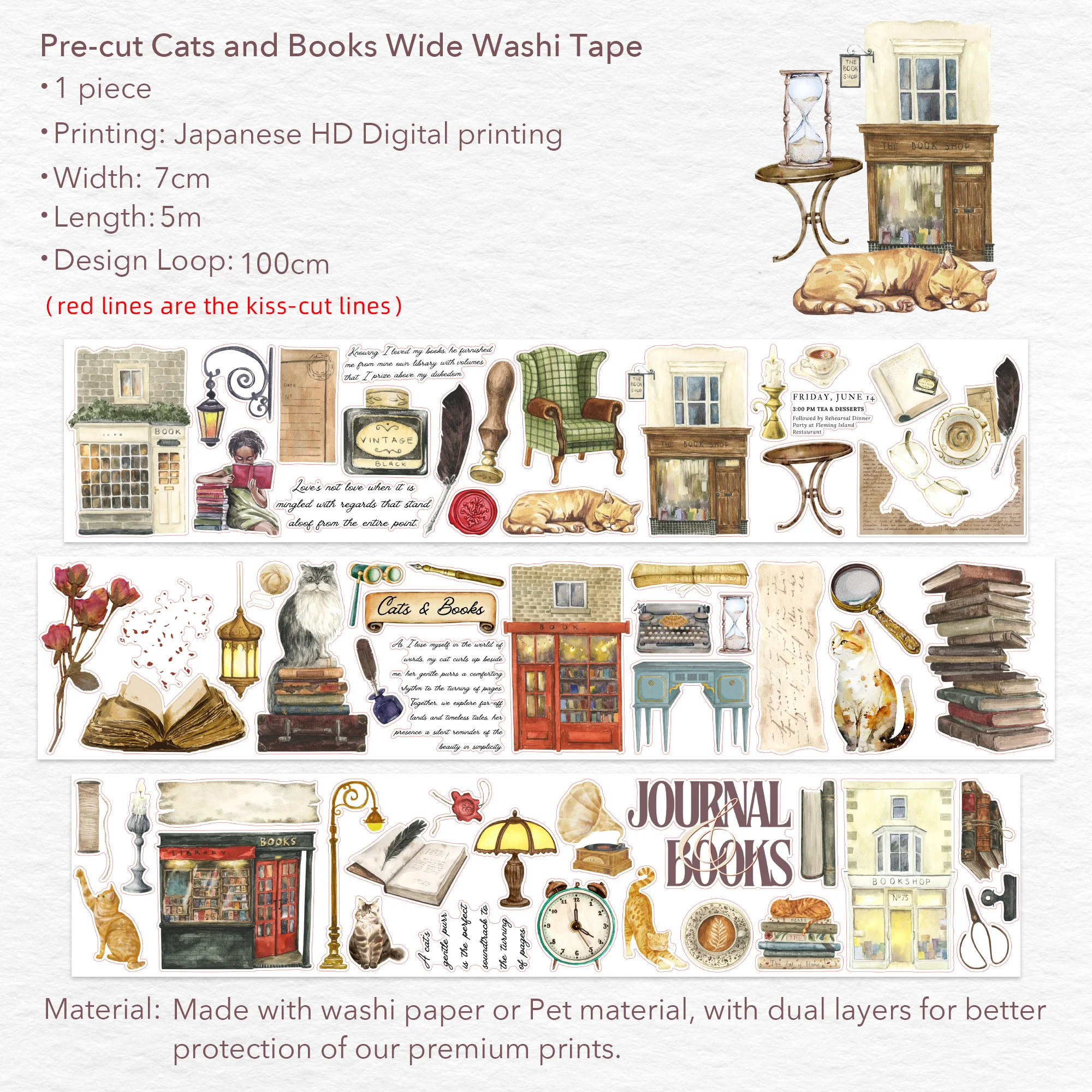 Pre-cut Cats and Books Wide Washi/PET Tape - Image 8
