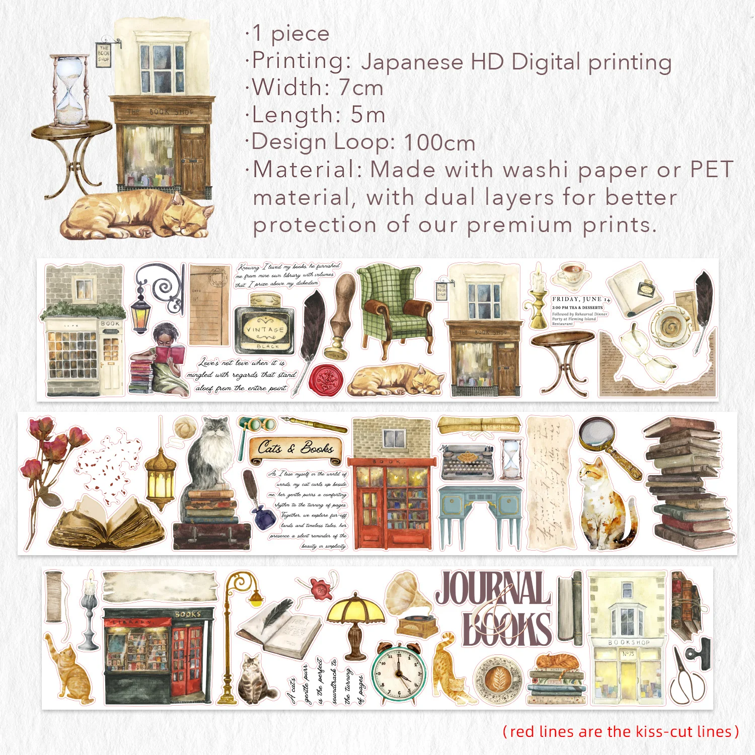 Pre-cut Cats and Books Wide Washi/PET Tape - Image 9