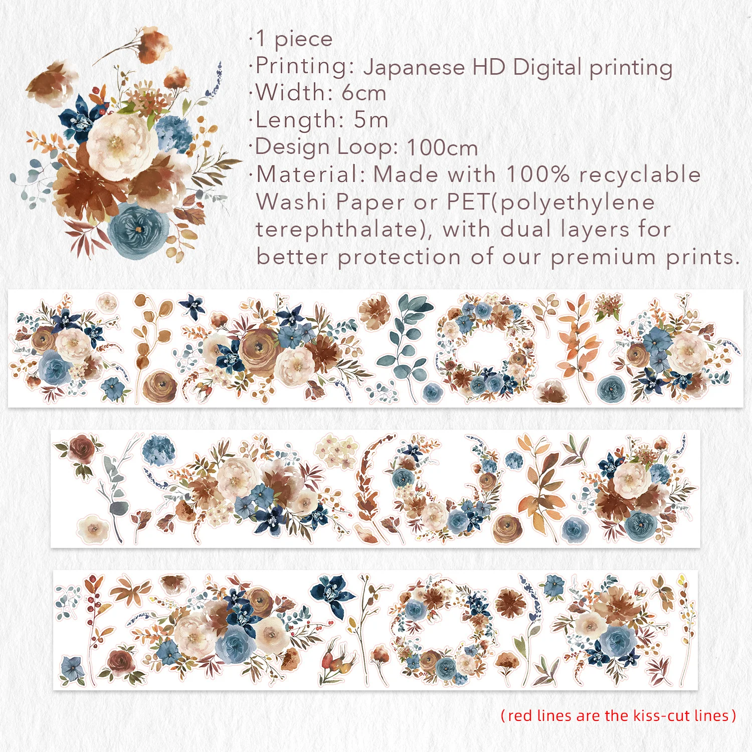 Pre-cut Dusty Blue & Cinnamon Wide Washi/PET Tape - Image 6