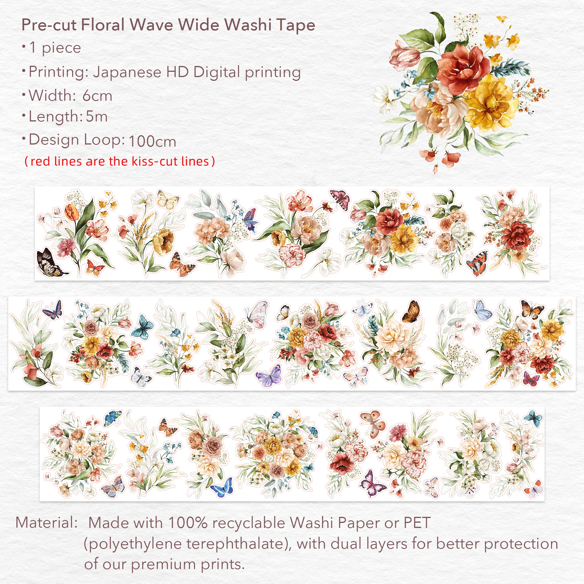 Pre-cut Floral Wave Wide Washi/PET Tape - Image 6