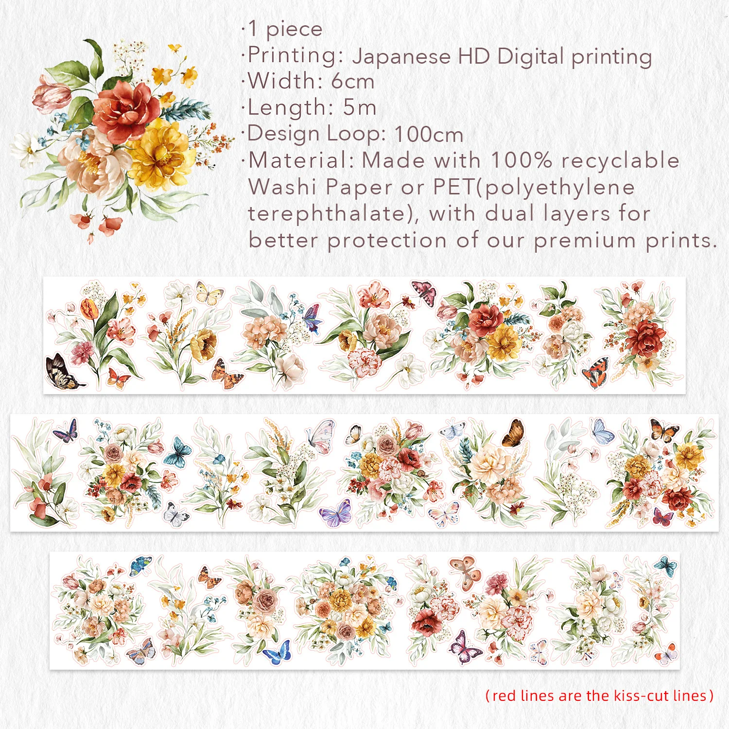 Pre-cut Floral Wave Wide Washi/PET Tape - Image 7