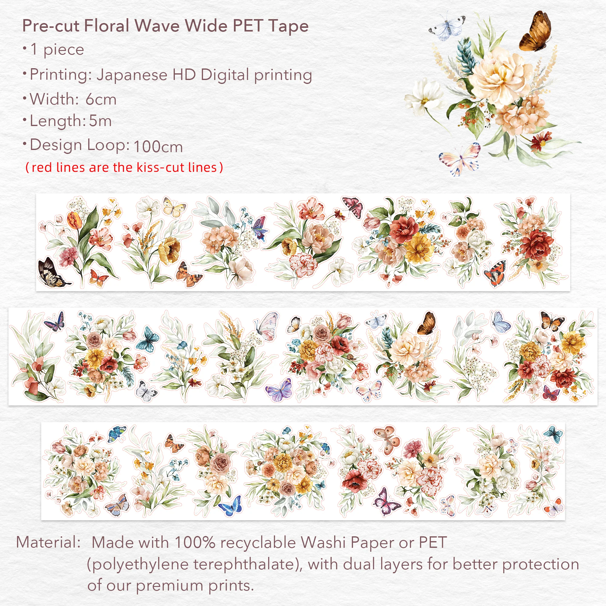 Pre-cut Floral Wave Wide Washi/PET Tape - Image 8