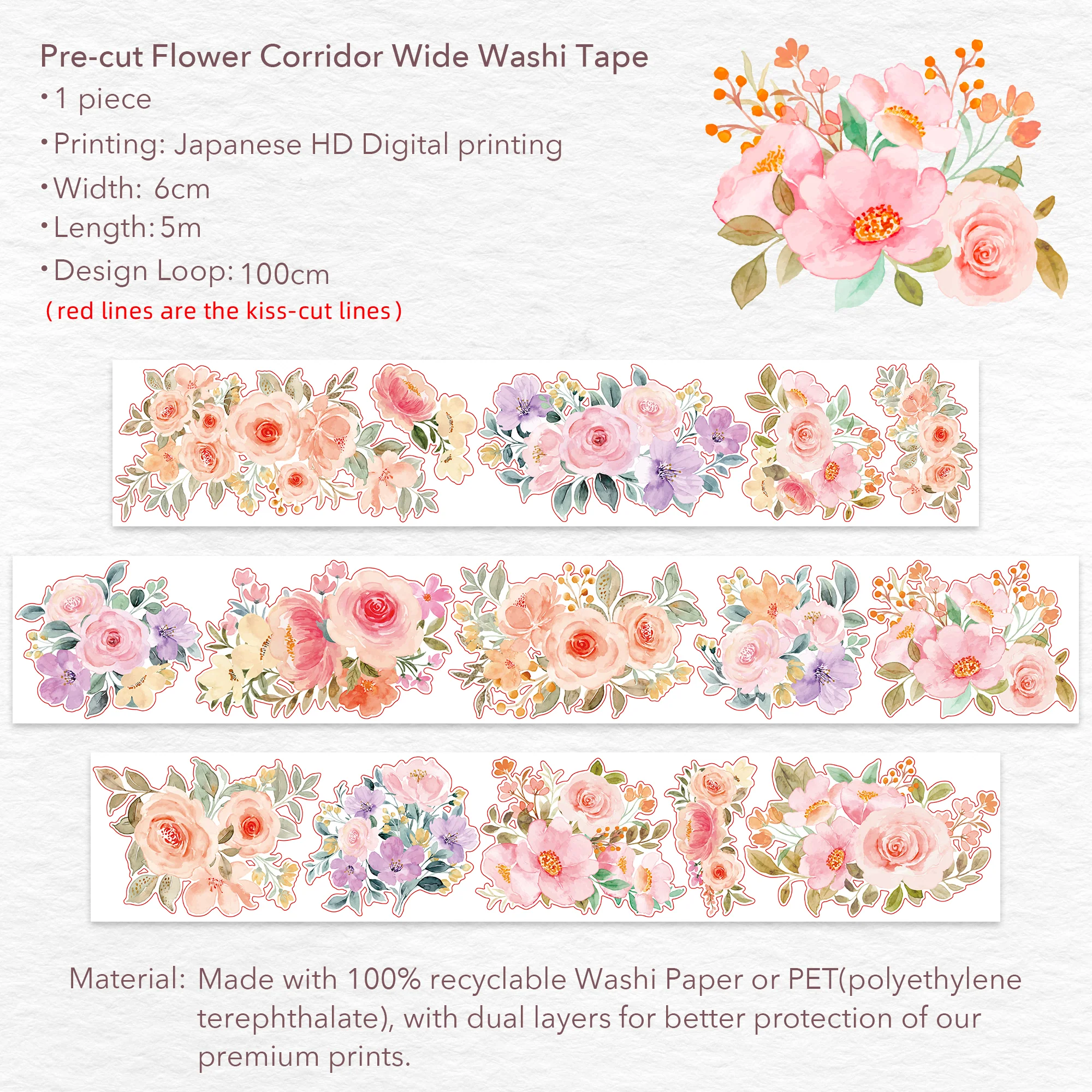 Pre-cut Flower Corridor Wide Washi/PET Tape - Image 14