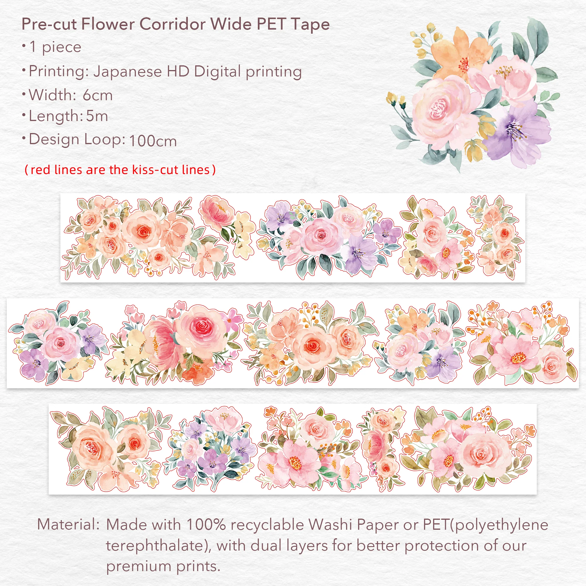 Pre-cut Flower Corridor Wide Washi/PET Tape - Image 15