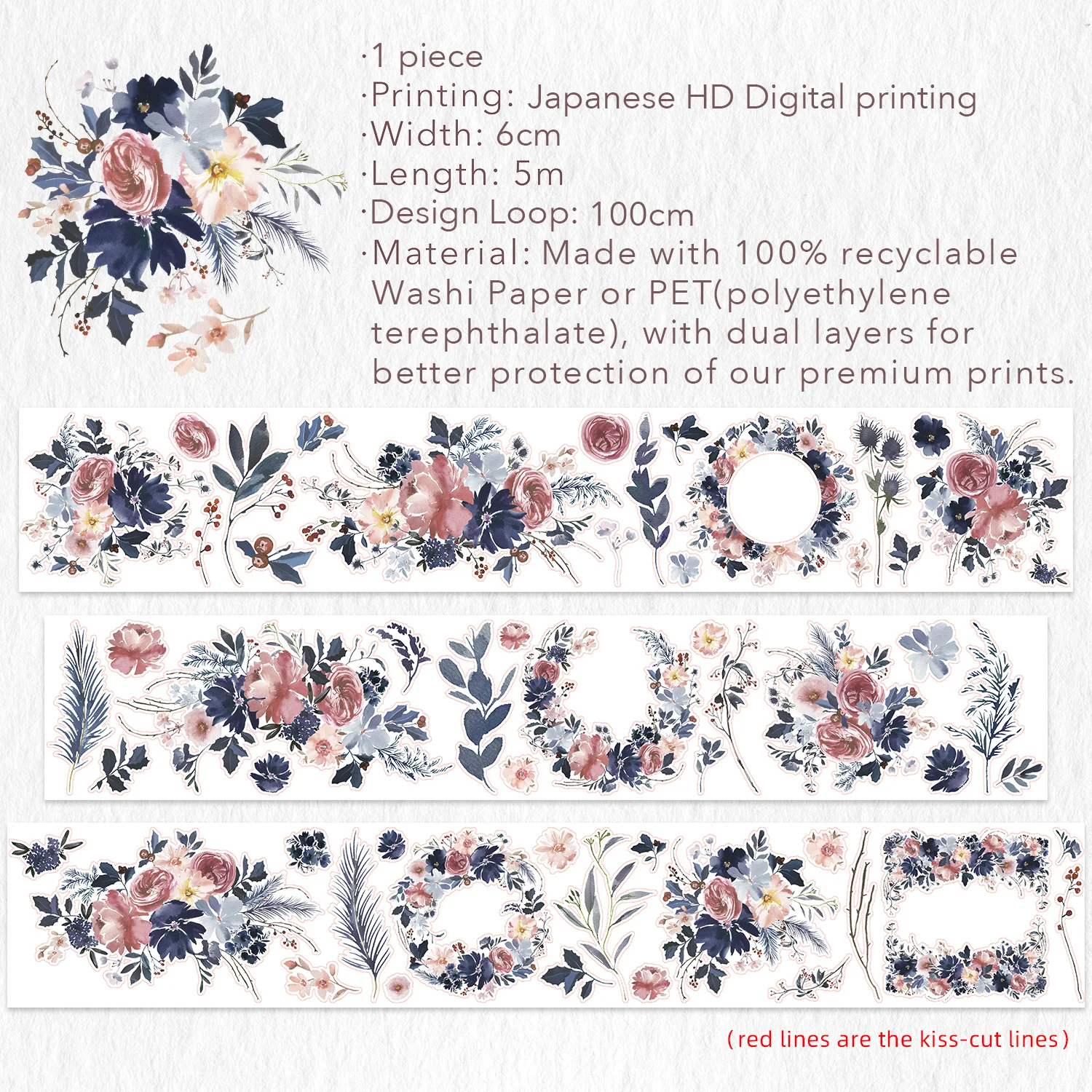 Pre-cut Frosty Rose Wide Washi/PET Tape - Image 6