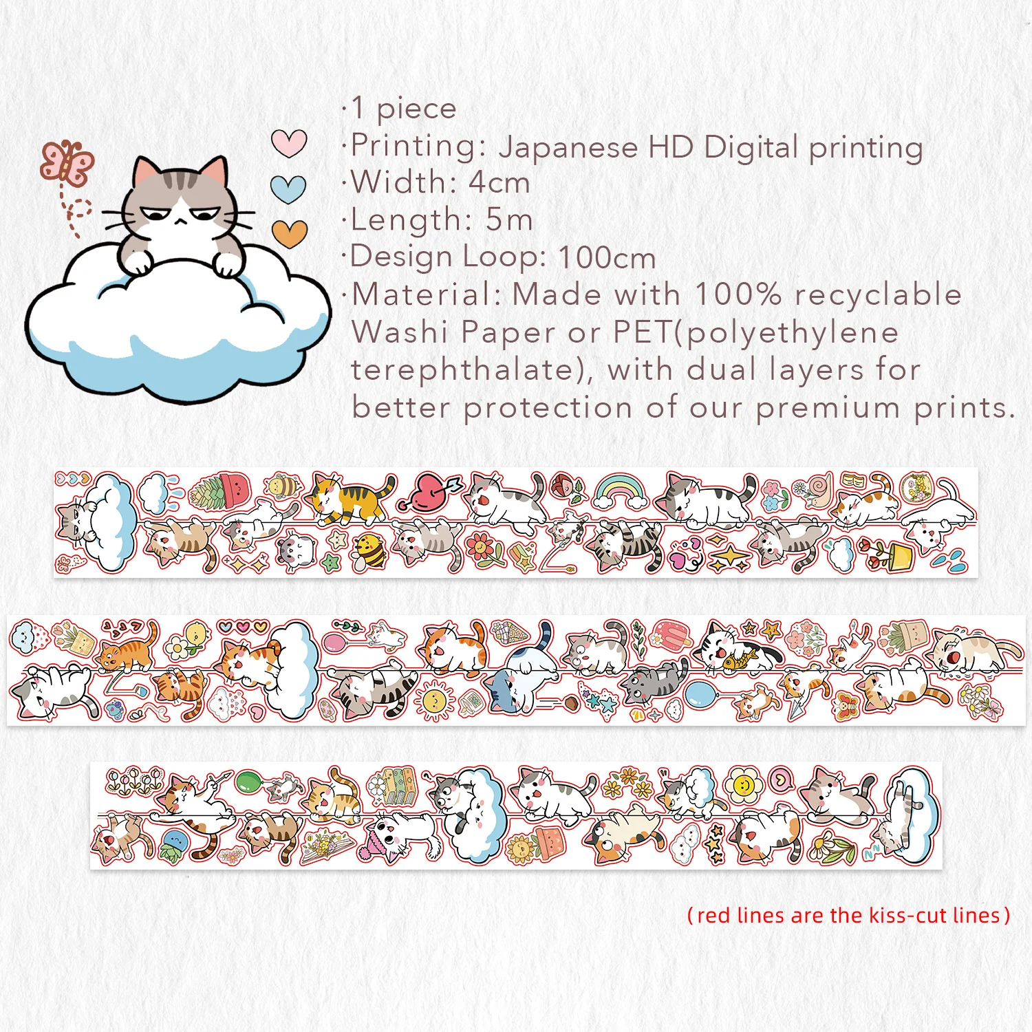 Pre-cut Kitty Cascade Wide Washi/PET Tape - Image 4