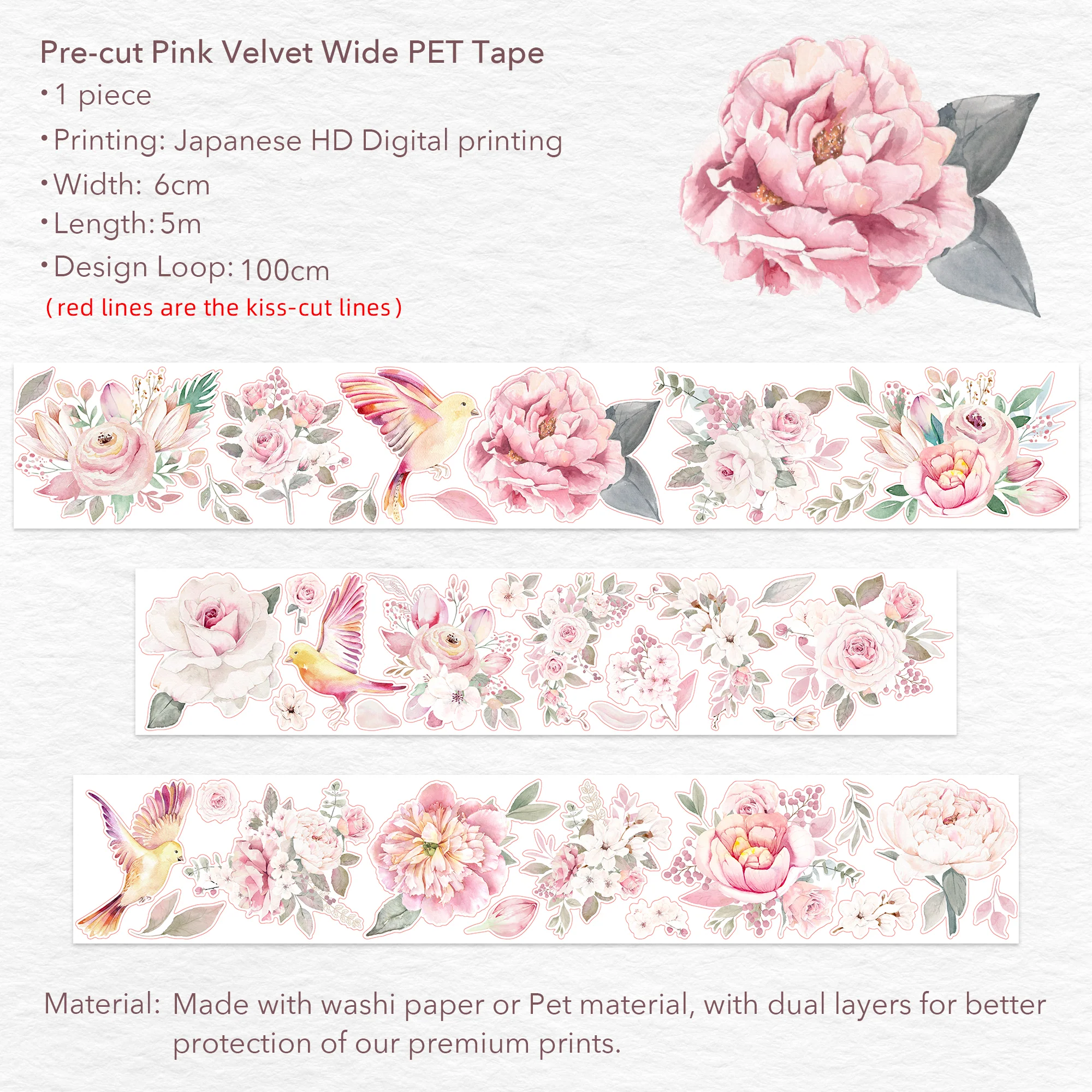 Pre-cut Pink Velvet Wide Washi/PET Tape - Image 10