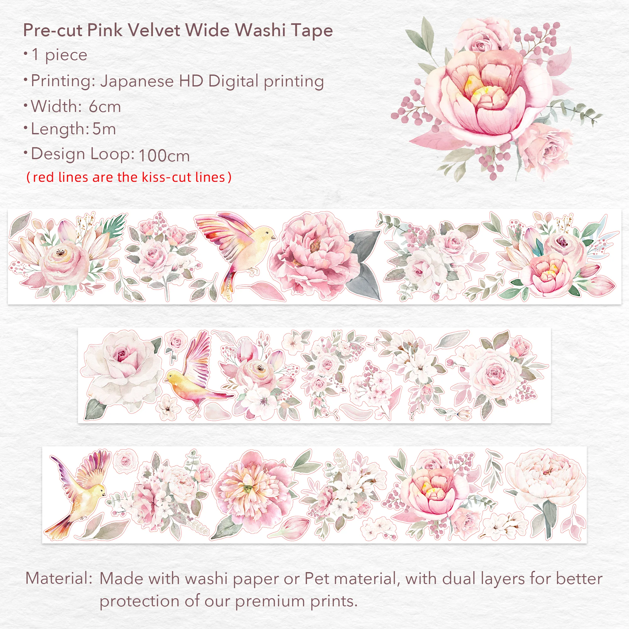 Pre-cut Pink Velvet Wide Washi/PET Tape - Image 9