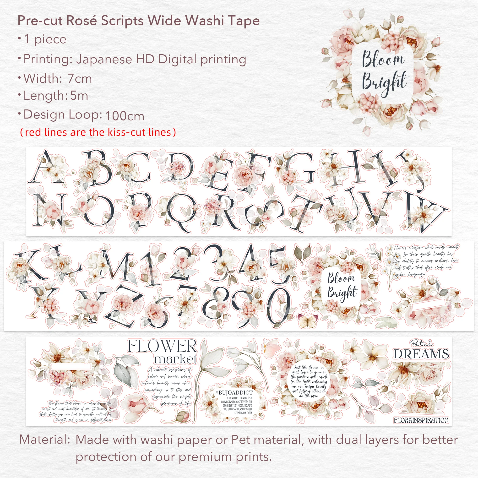 Pre-cut Rosé Scripts Wide Washi/PET Tape - Image 8