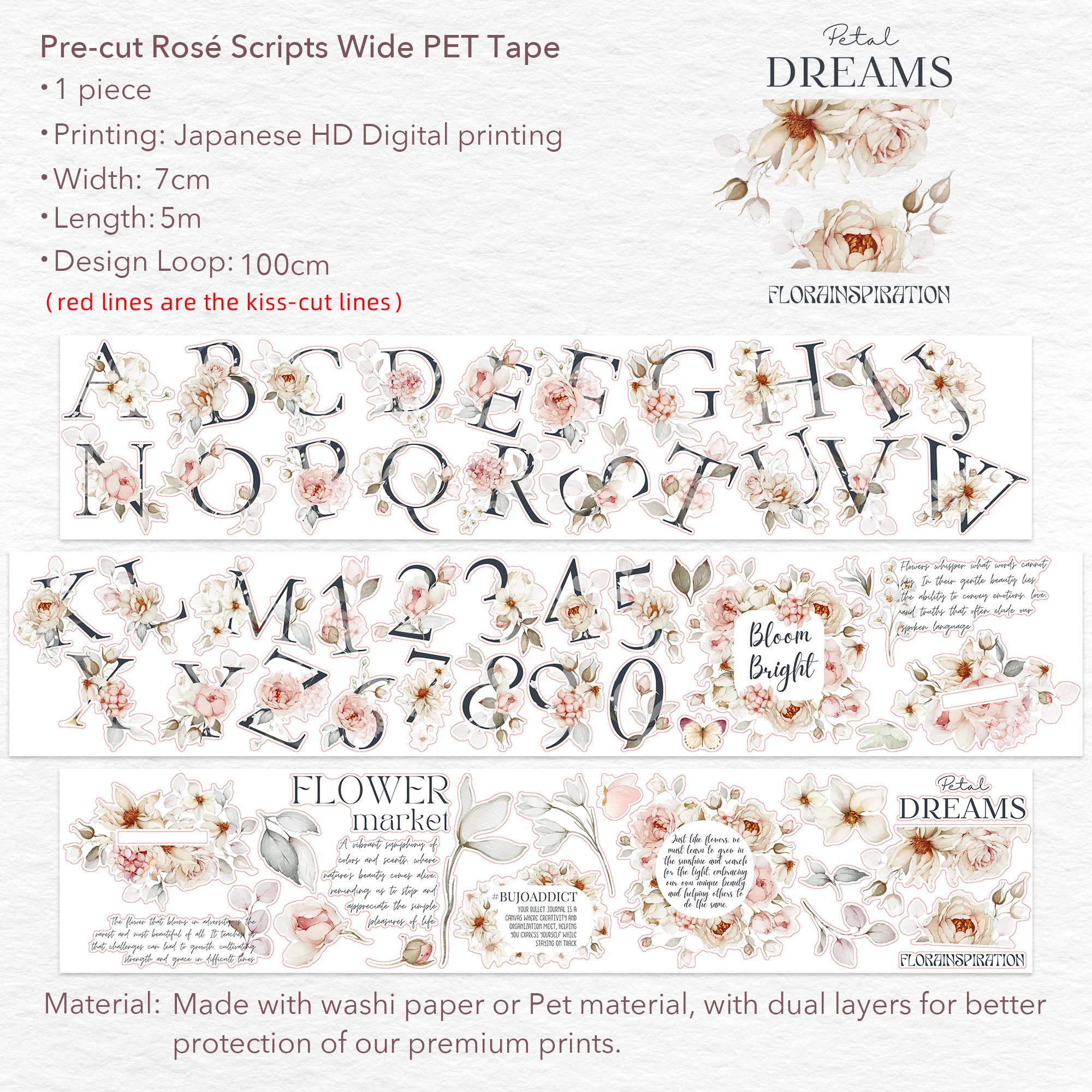 Pre-cut Rosé Scripts Wide Washi/PET Tape - Image 9