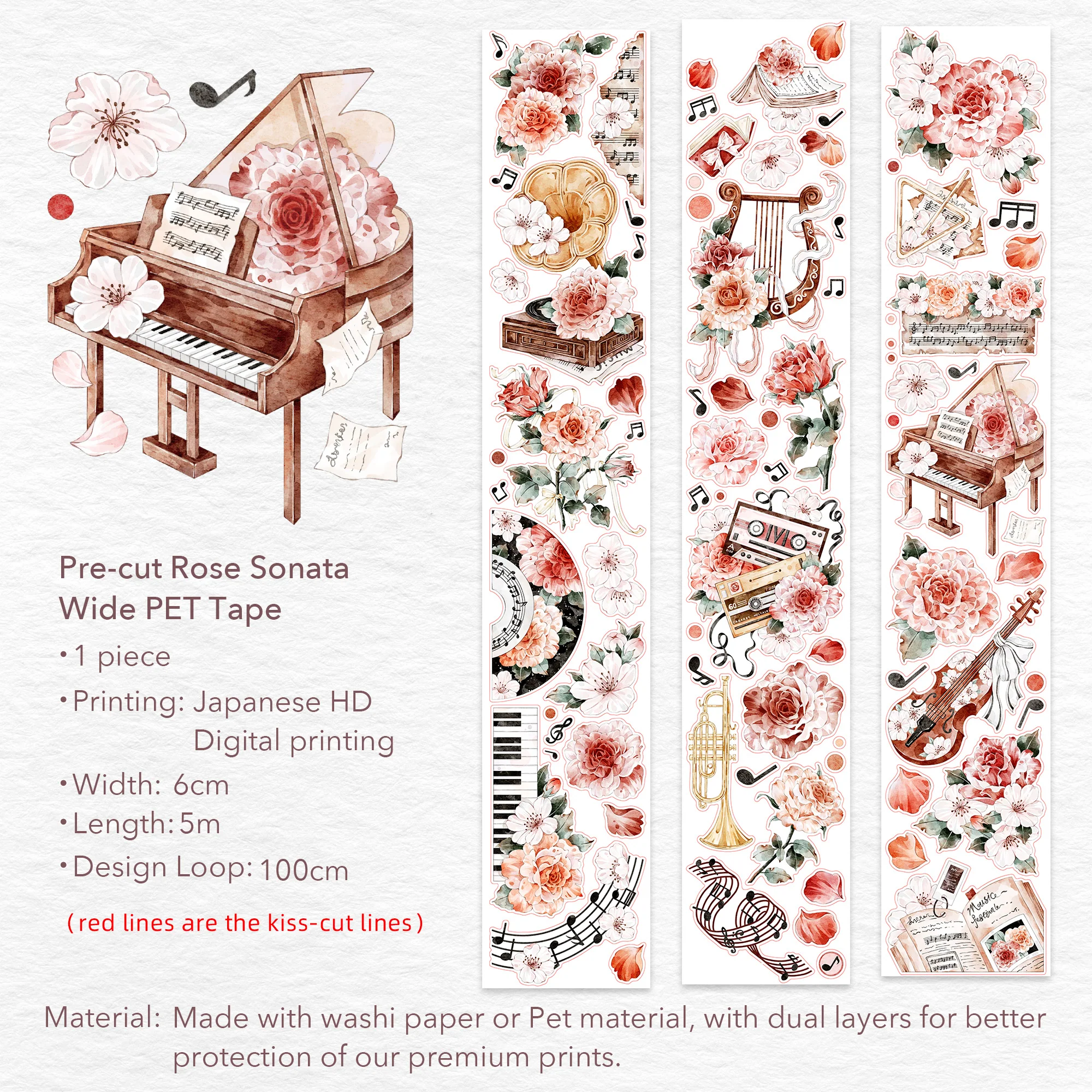 Pre-cut Rose Sonata Wide Washi/PET Tape - Image 10