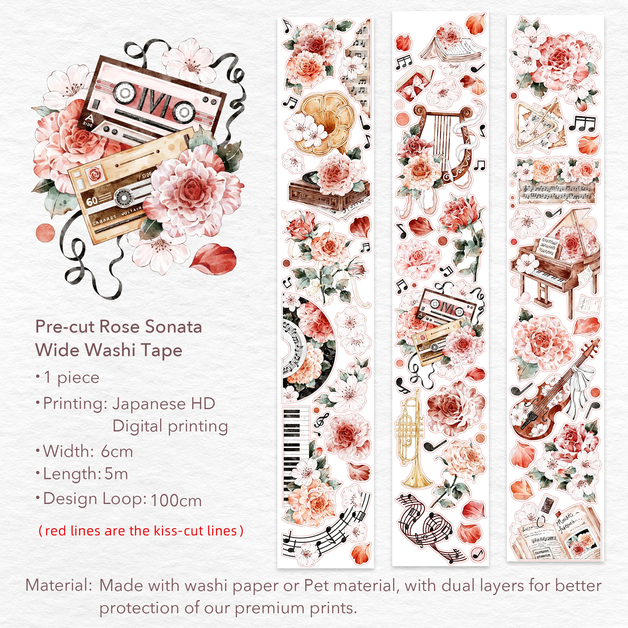 Pre-cut Rose Sonata Wide Washi/PET Tape - Image 8