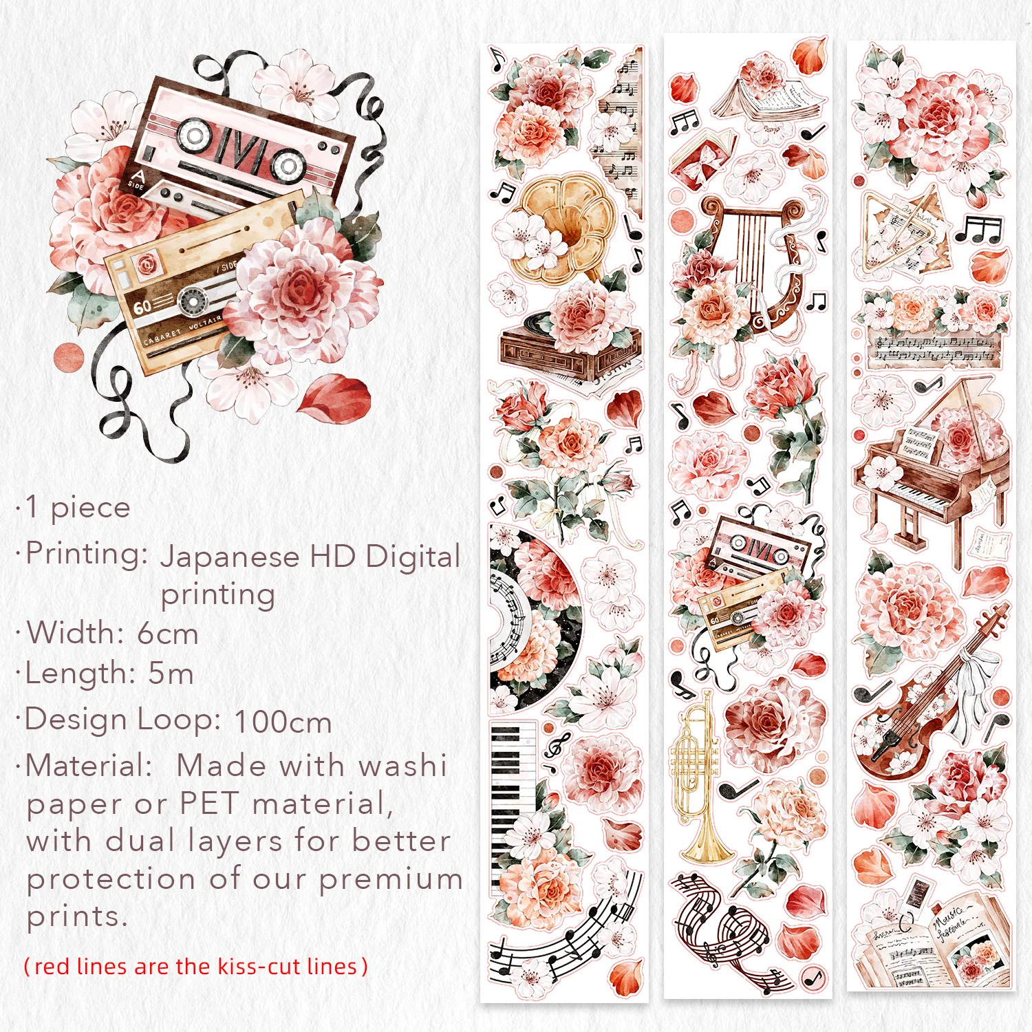 Pre-cut Rose Sonata Wide Washi/PET Tape - Image 9