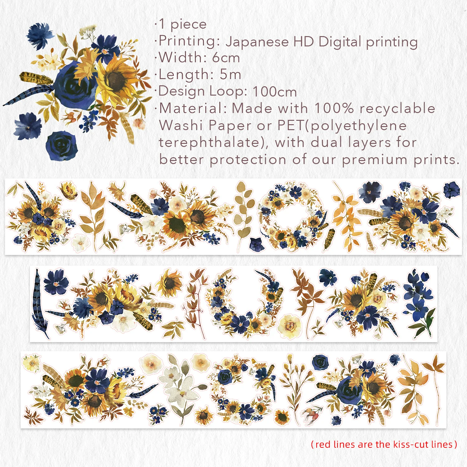 Pre-cut Sunflower & Navy Wide Washi/PET Tape - Image 6