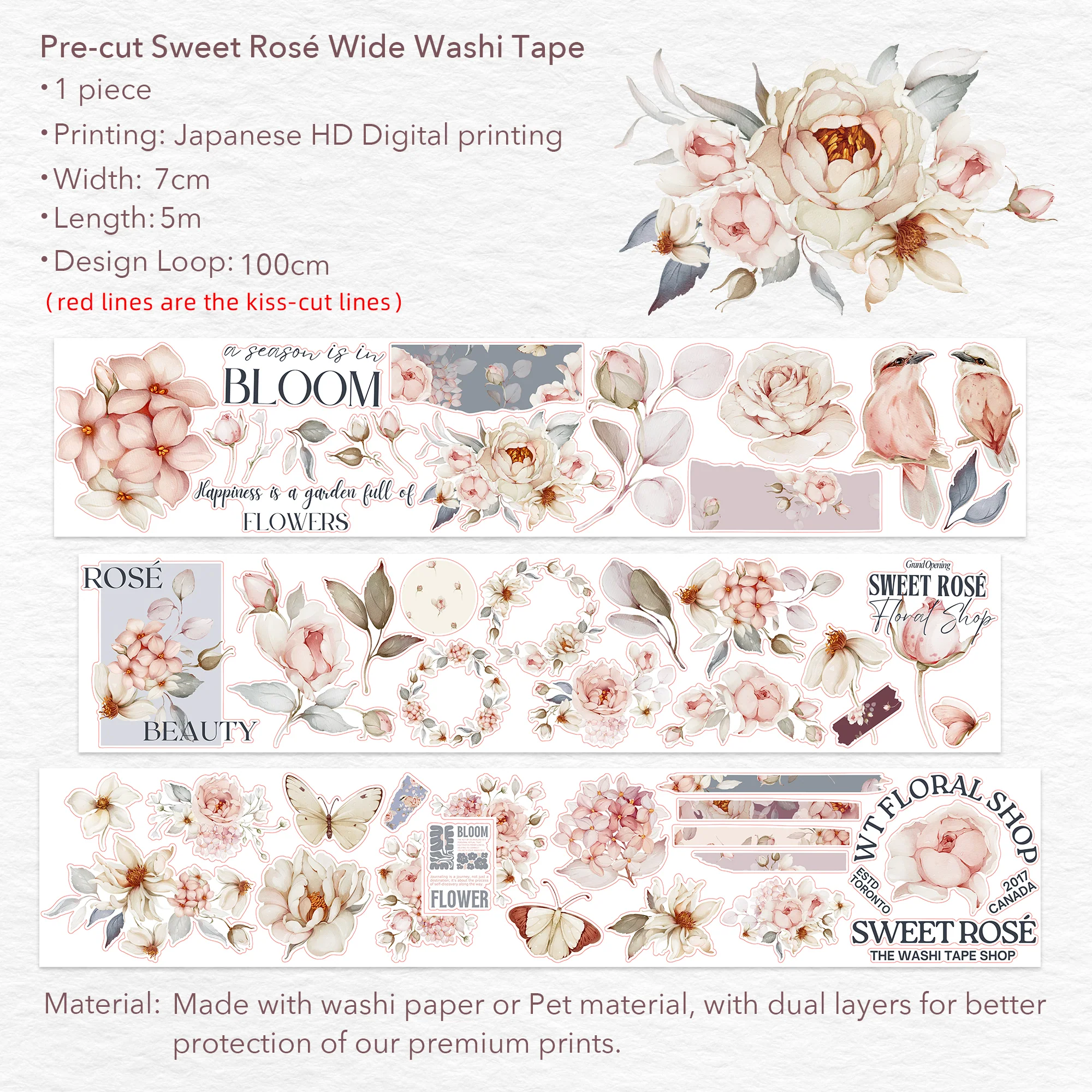 Pre-cut Sweet Rosé Wide Washi/PET Tape - Image 8