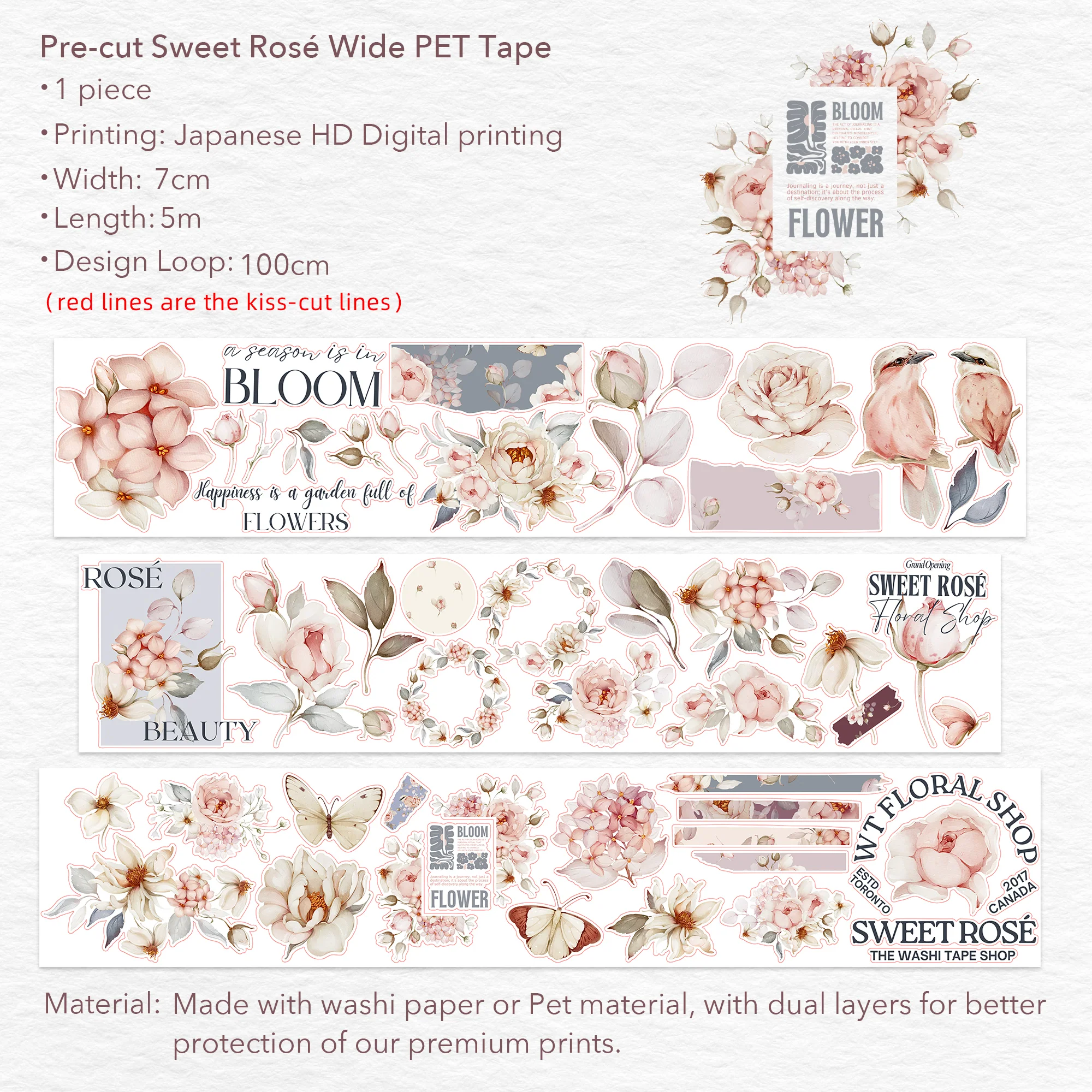 Pre-cut Sweet Rosé Wide Washi/PET Tape - Image 9